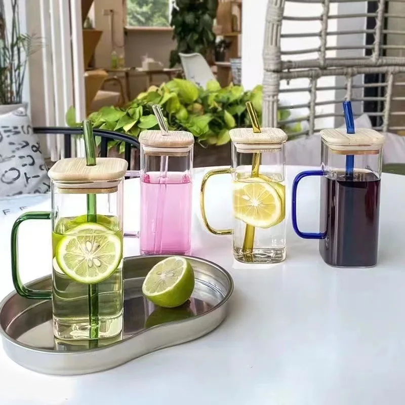 Rectangular Cups Glass Straw Square Drinking Glass with Handle Bamboo Lid Tumbler Transparent Iced Coffee Glass for Water Bottle