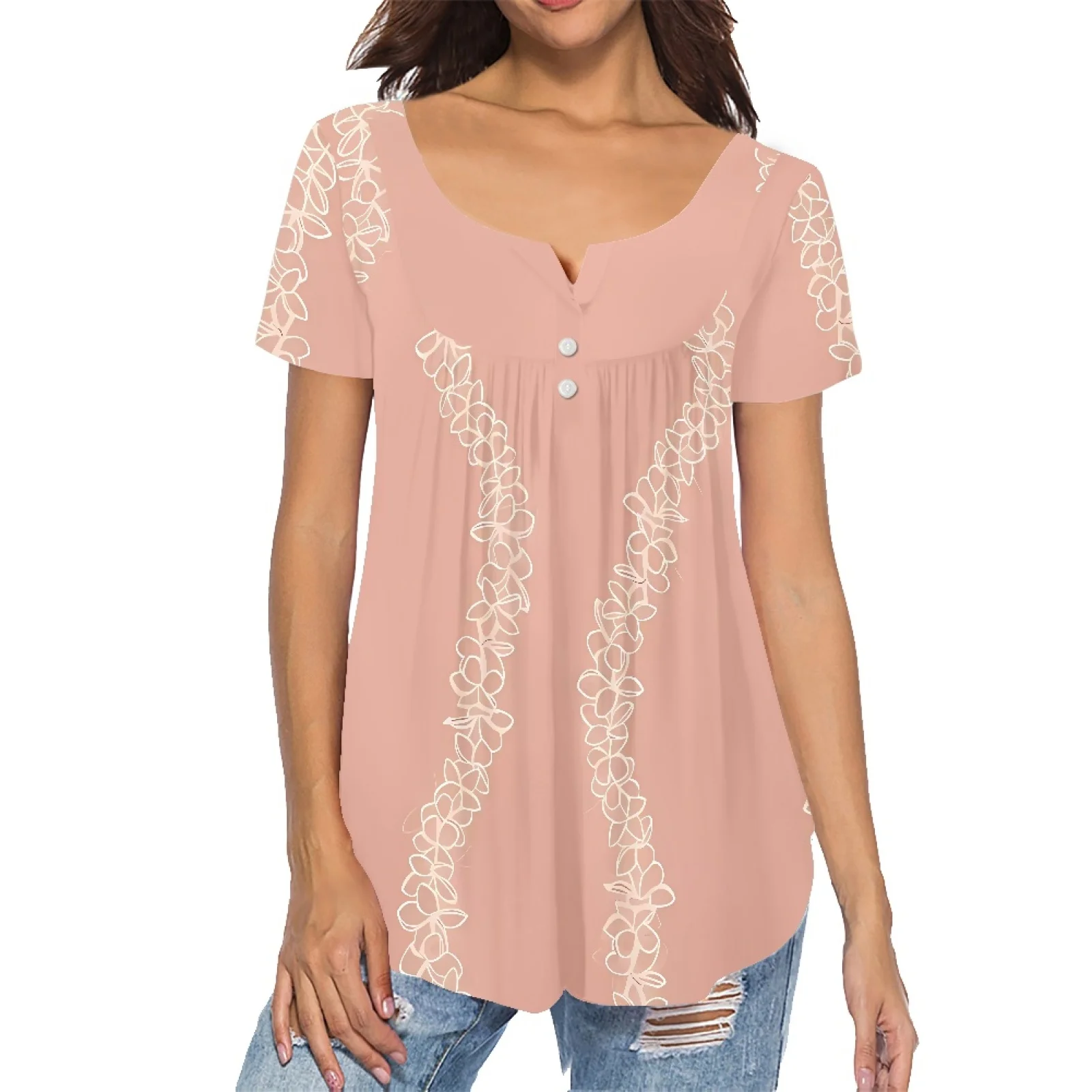 Light Pink Women Tops and Blouses Basic T Shirt Casual Loose Tshirts Print on Demand Hawaiian Pattern Blouse Shirts Dropshipping
