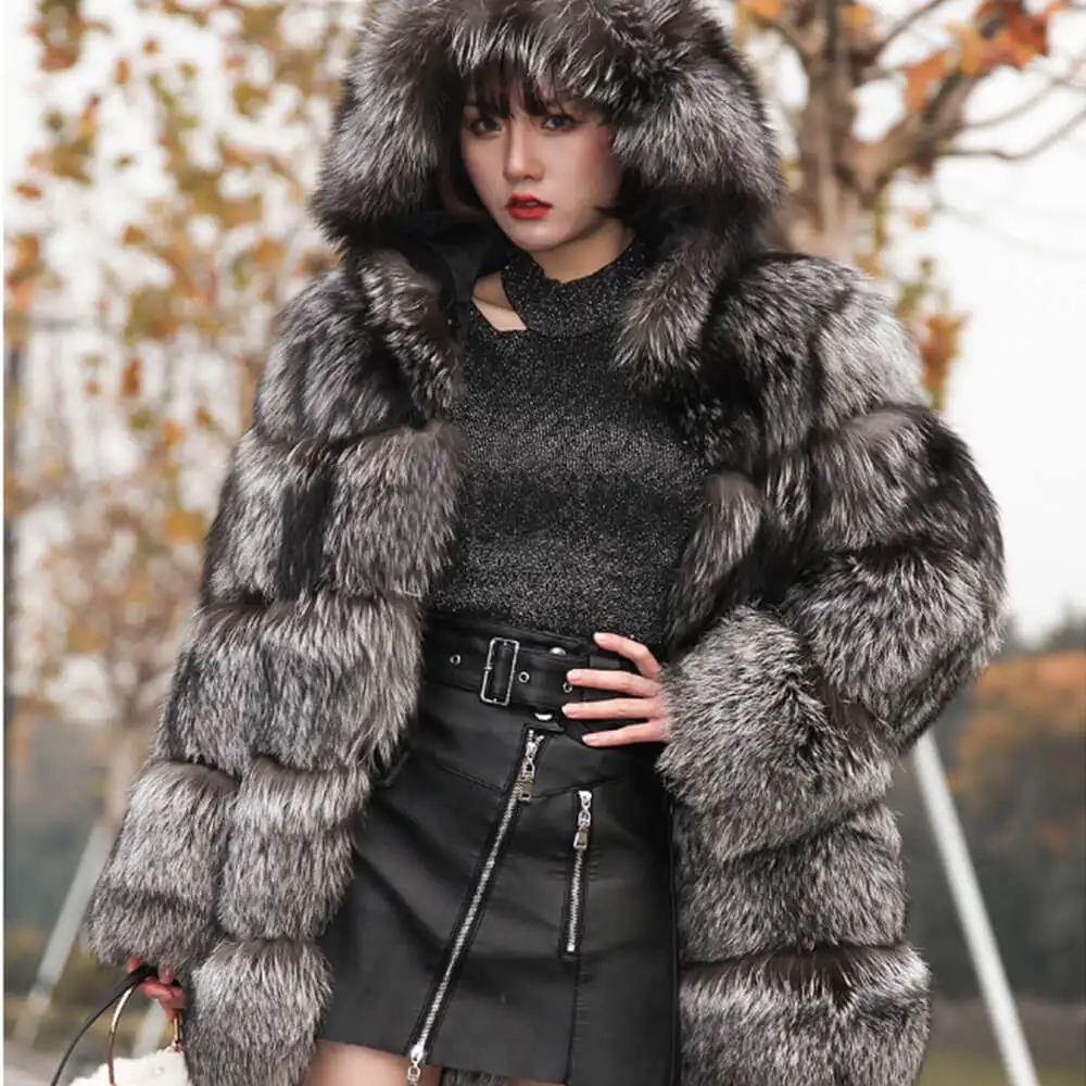 Womens Luxury Real Fox Fur Jacket Fashion Women Outdoor Winter Coat Genuine Fur Hooded Coat With Fur Hood