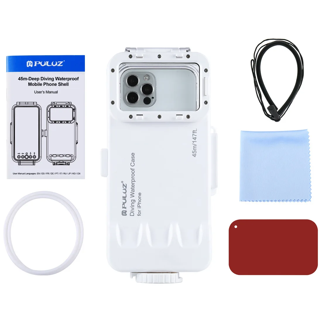 PULUZ 45m/147ft Waterproof Diving Housing Photo Video Taking Underwater Cover Case for iPhone 13/12 Pro White