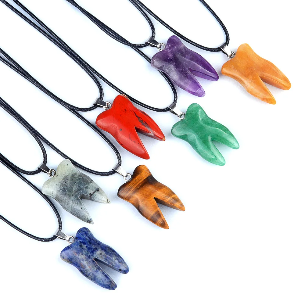 Natural Gemstone Tooth Shaped Pendant Semi-precious Stone Rose Quartz Crystal Amethyst Charms Pendants For DIY Jewelry Making