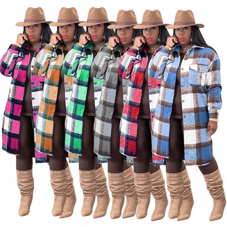 D13619 Ladies korean fall winter clothing college long jacket coat womens outdoor plaid printed flannel jacket