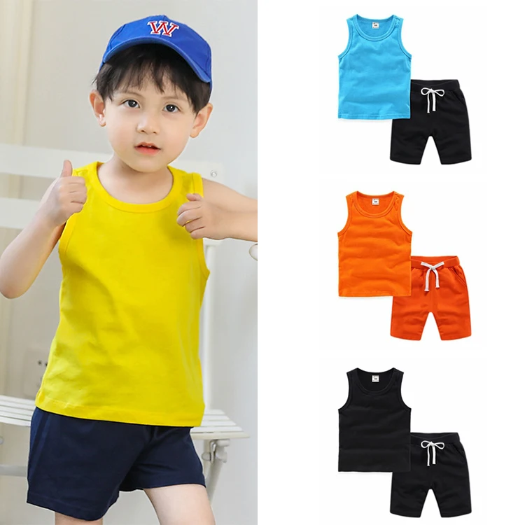 Wholesale Toddler Tank And Shorts 2 Pieces Suit 100% Cotton Custom Logo Printing Kids Boys Summer Clothing Sets