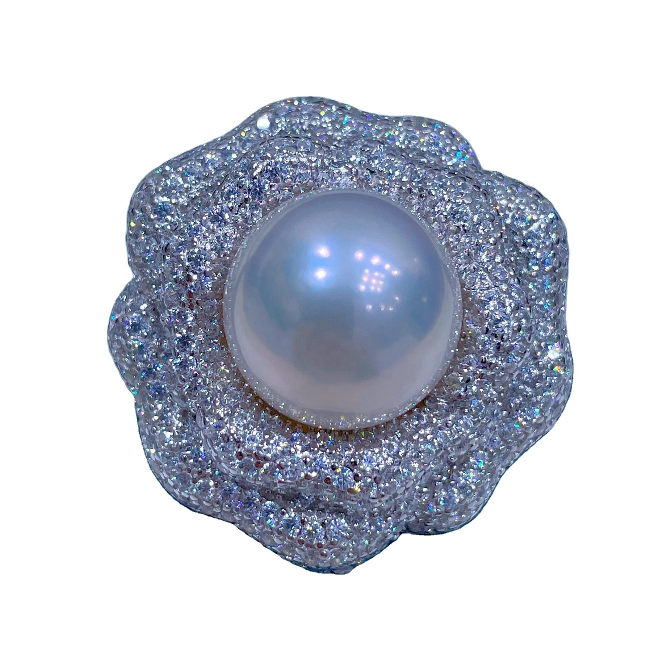 Big Edison Pearl 13-14mm Freshwater Pearl Rings With Luxury Flower Design S925 Sterling Silver Rings Jewelry