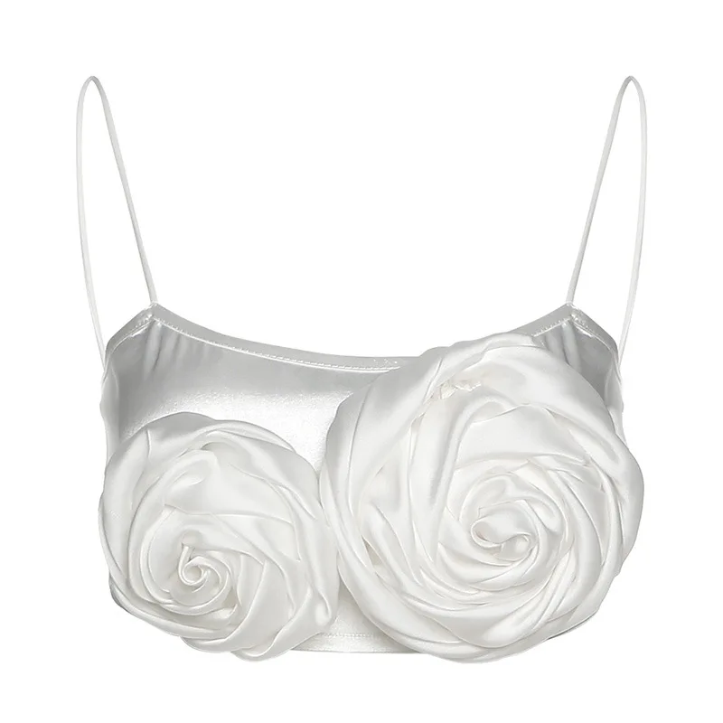 W5493 Sexy Satin Patchwork Rose Flower Camis Tank Top Women Square Collar Sleeveless Slim Crop Tops Summer Fashion White Corset