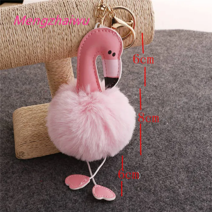 France Best Selling Trend Household Products Fashion Plush Pom Pom Ball PU Flamingo Leather Key Chain Fur Cute Keychains