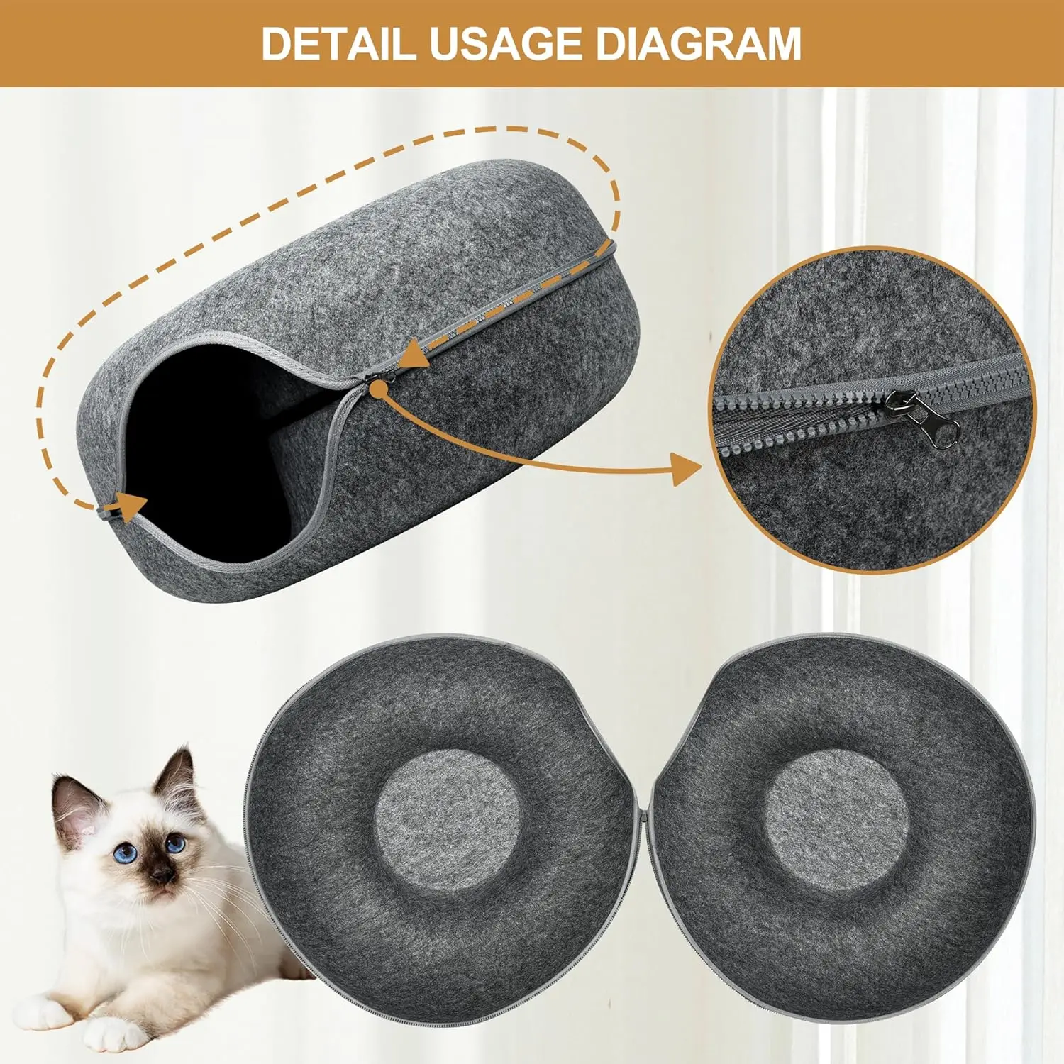 Detachable Round Felt Washable Interior Cat Play Tunnel Bed Cave For Indoor Cave For Small Dogs Pets