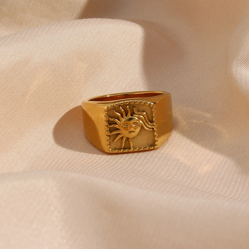 Vintage Fashion 18K Gold Plated Stainless Steel Sun Ring Jewelry For Women