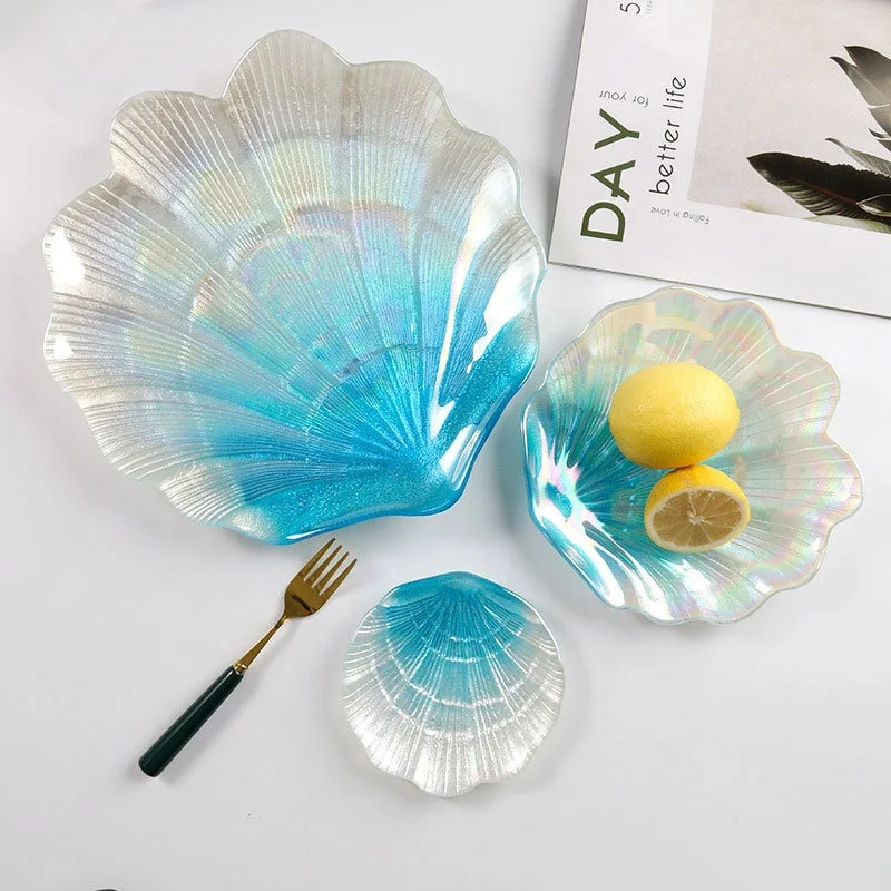 Wholesale Beautiful Shell Shape Dinnerware Set Fruit Nuts Blue Colored Glass Wedding Dishes