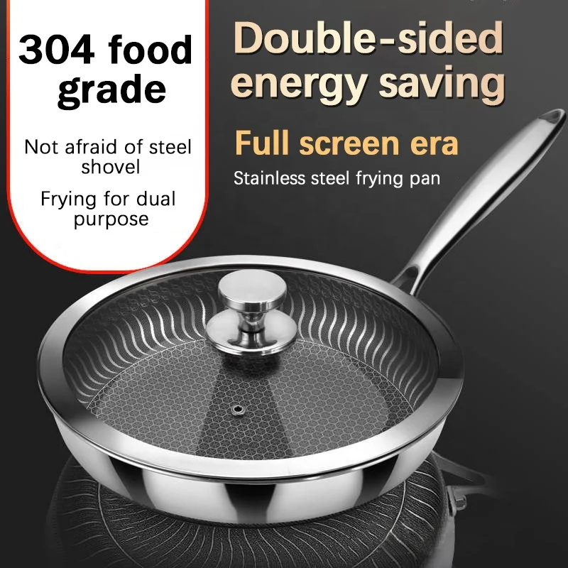 Hot Sale Egg Cooking Pan Food Grade 18/8(304) Stainless Steel Honeycomb Non Stick Frying Pan With Glass Lid