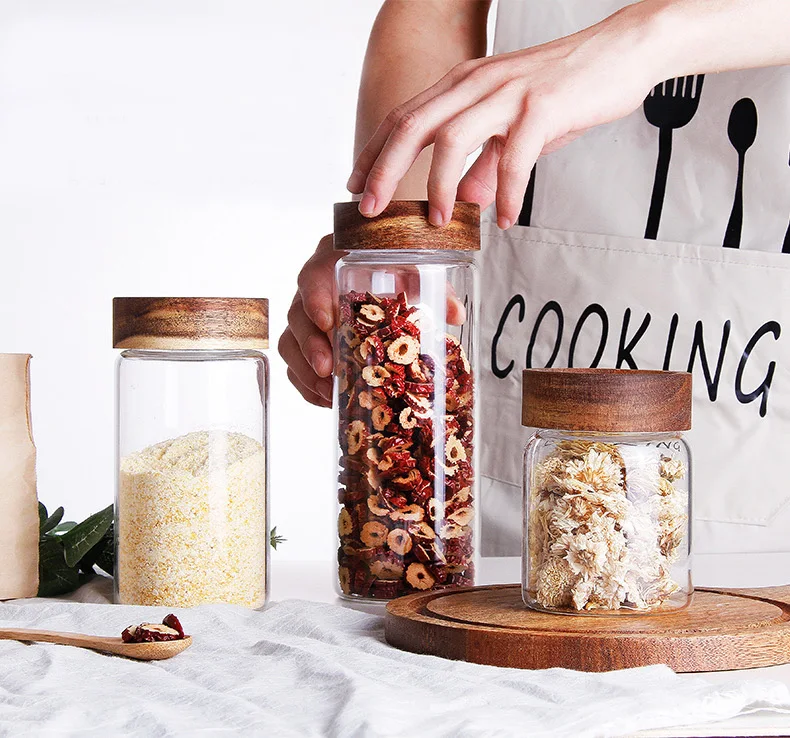 Customized Size large cookie coffee baby food storage glass jar with acacia lid