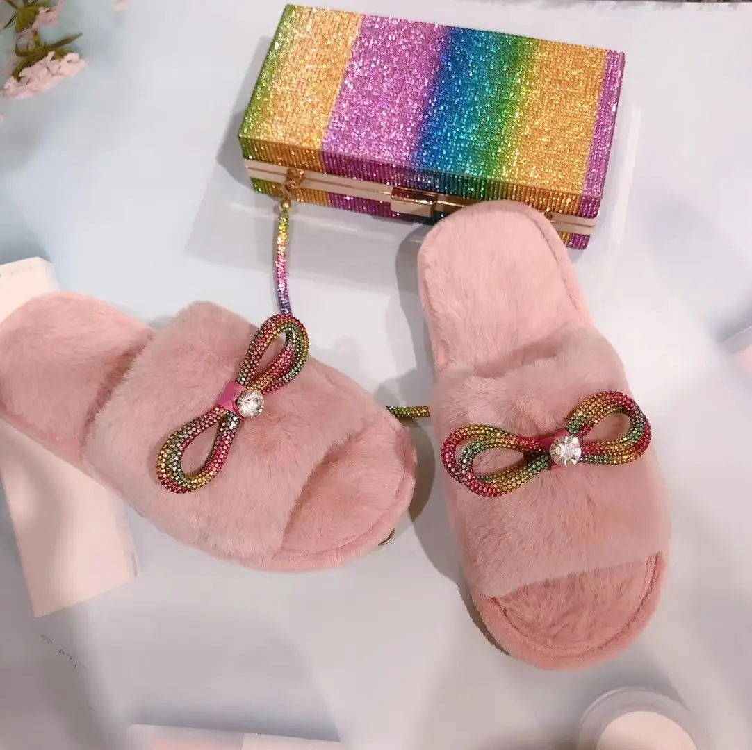 Faux Fur Women Shoes Platform Diamond Slides Rhinestone Plush Thick Sole Bling rhinestone Slippers Outdoor Lady Sandals