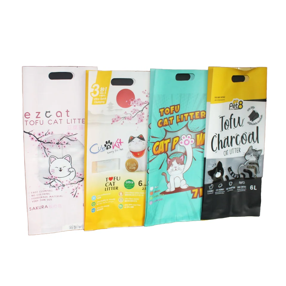 Custom print  5 L 7L  OEM/ODM  side gusset  stand up flat bottom tofu cat litter bag with handle