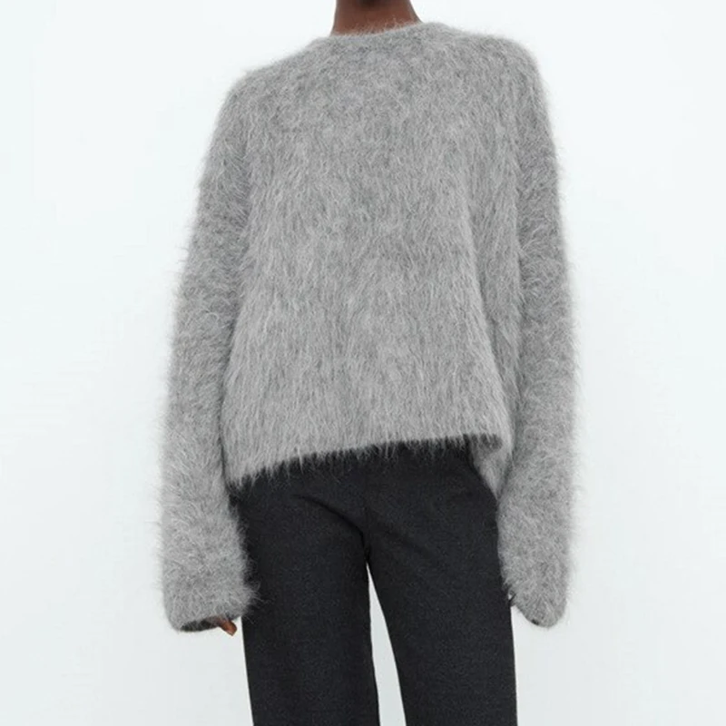 OEM custom logo design pullover crew neck knit stretch women long hairy knitted fuzzy chunky blend alpaca wool sweater