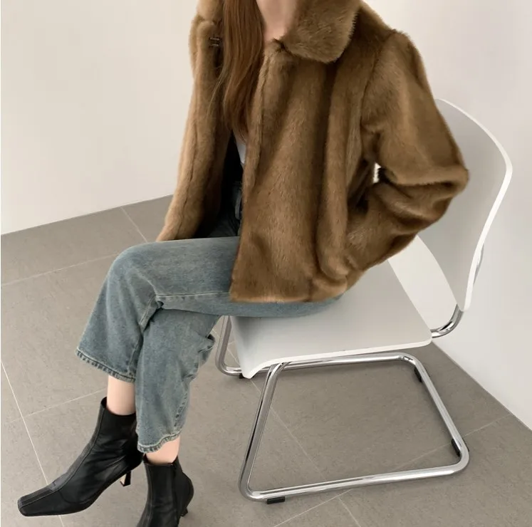 Jtfur Women Fashion Faux Fur Fluffy Plush Fur Jacket Ladies Faux Mink Fur Short Coat