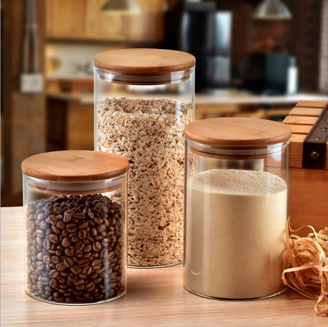 Borosilicate Kitchen Storage Glass Jars Set Spice Container Bottles With Bamboo Lid