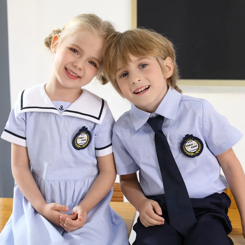 sky blue color upmarket quality sailor style  kindergarten and primary summer school uniform dress and short set