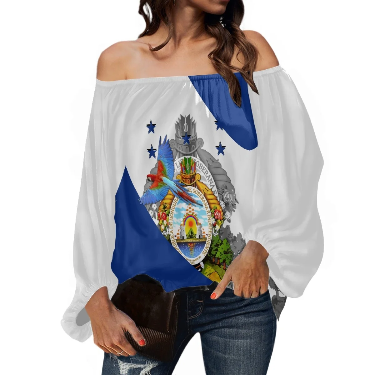 Bahamian Design Chiffon Loose Tops Off Shoulder Style Elegant Blouses OEM Manufacture Bahamas Long Sleeve Polyester Top Shirts
