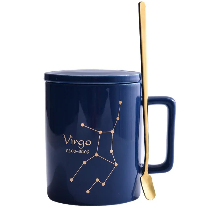 Promotion horoscope gold plated customized straight shape constellation ceramic mug with gold handle with lid