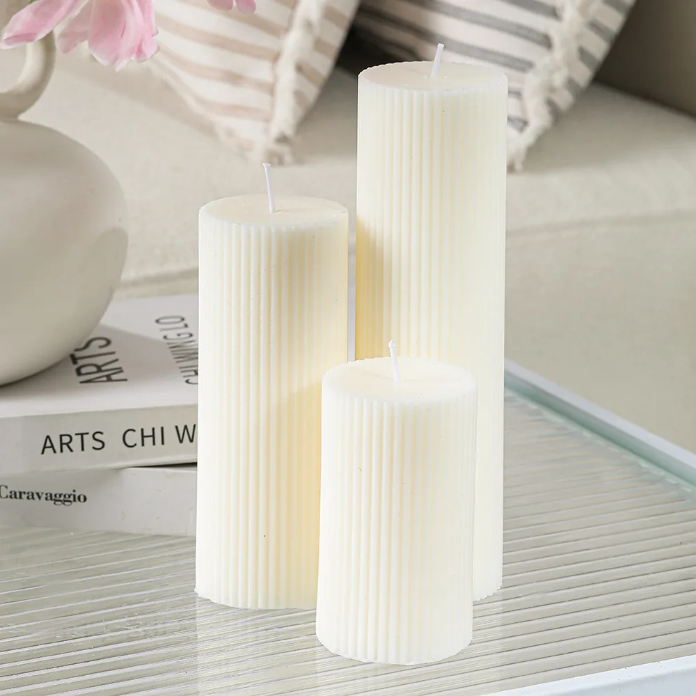 Wholesale Export Private Label Ivory White Vertical Stripe Pillar Candles for Banquet Wedding Home Decoration
