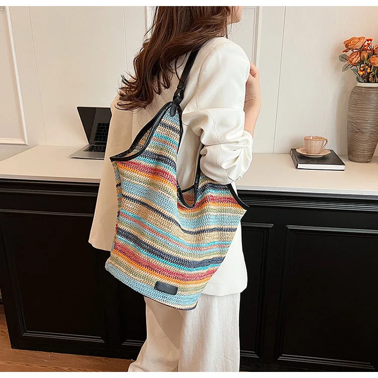 Armpit woven women new fashion casual contrast color striped tote commuting simple shoulder straw bag