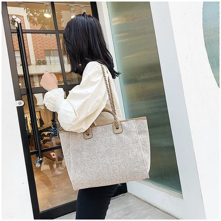 2021 China Factory Manufacturer Promotional New Designer Style Women Large Capacity Fashion Custom Logo Chain Canvas Tote Bag