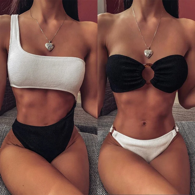 
2020 explosive swimsuit female hot selling foreign trade swimsuit ribbed swimwear fabric swimsuit black and white split bikini 