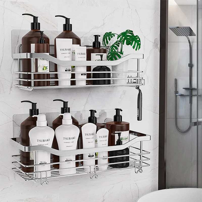Bathroom Double Shelves Shower Caddy Bathroom Shelf No Drilling Traceless Adhesive Bathroom Storage Organizer Shampoo Holder