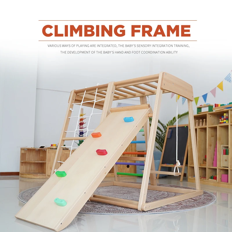 Children Jungle Gym Kids Indoor Wooden Jungle Play Gym Playground Montessori Triangle Climbing Frame For Children