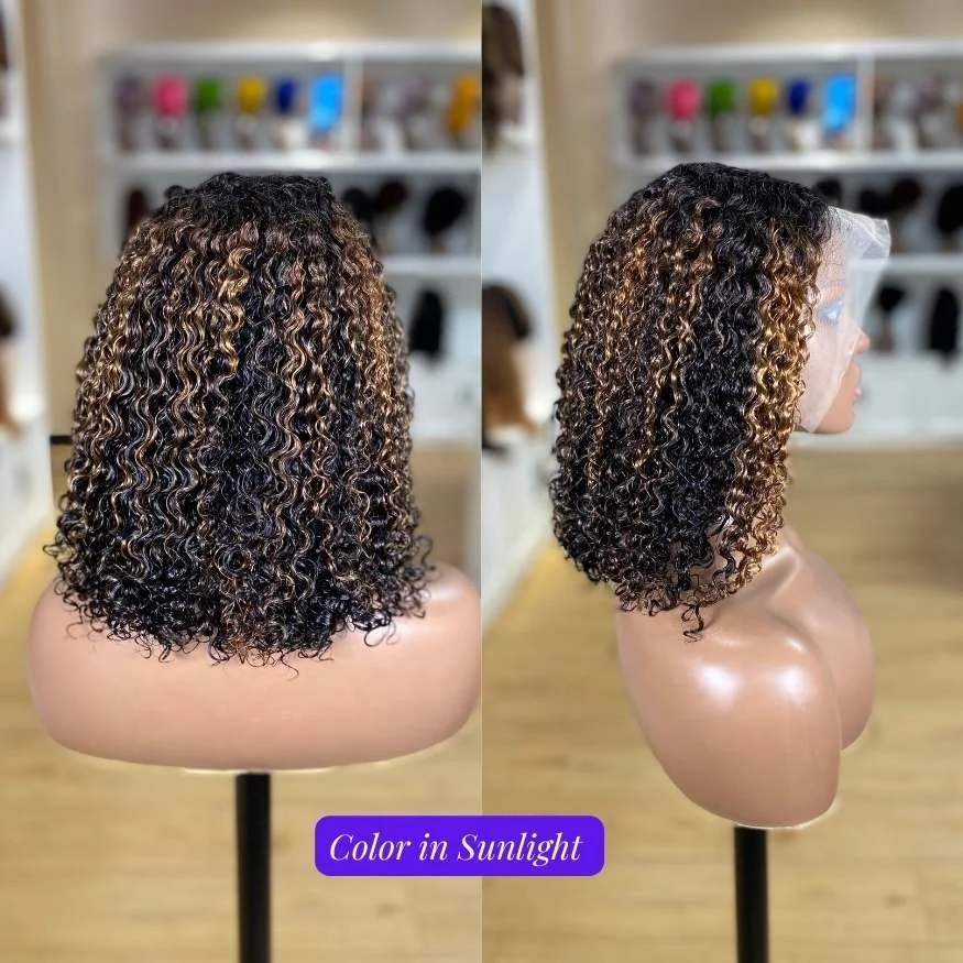 Wholesale Raw Indian Hair 13x4 Bob Lace Frontal Wig,14 Inch Highlight Brown Color Curly Short Bob Wigs For Black Women