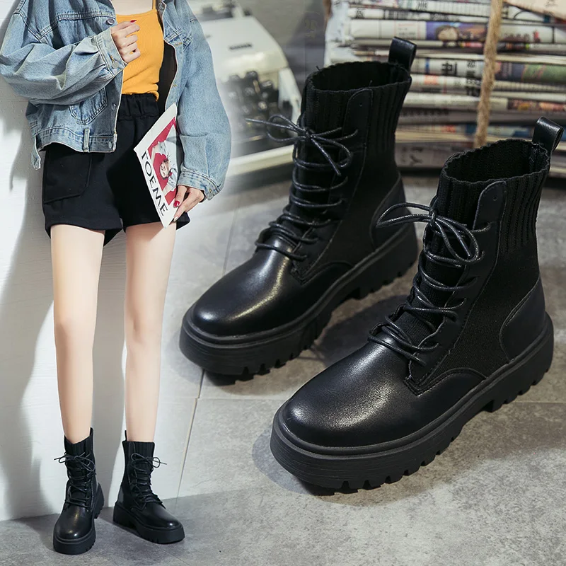 
2019 New Black Socks British Boty Boots Height Increased Women Ankle Winter Chunky Female Boots 