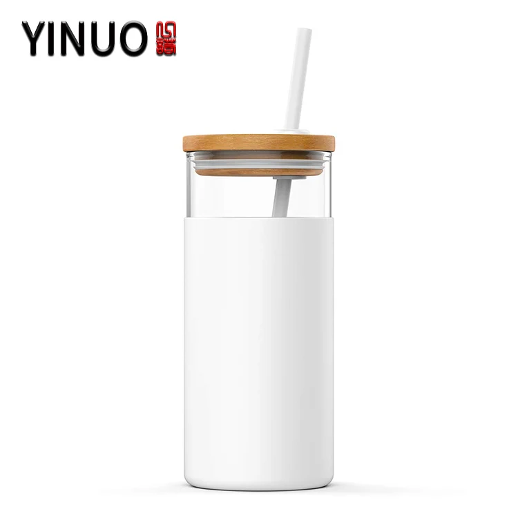 
Glass water tumbler bottle with bamboo lid and silicone sleeve 