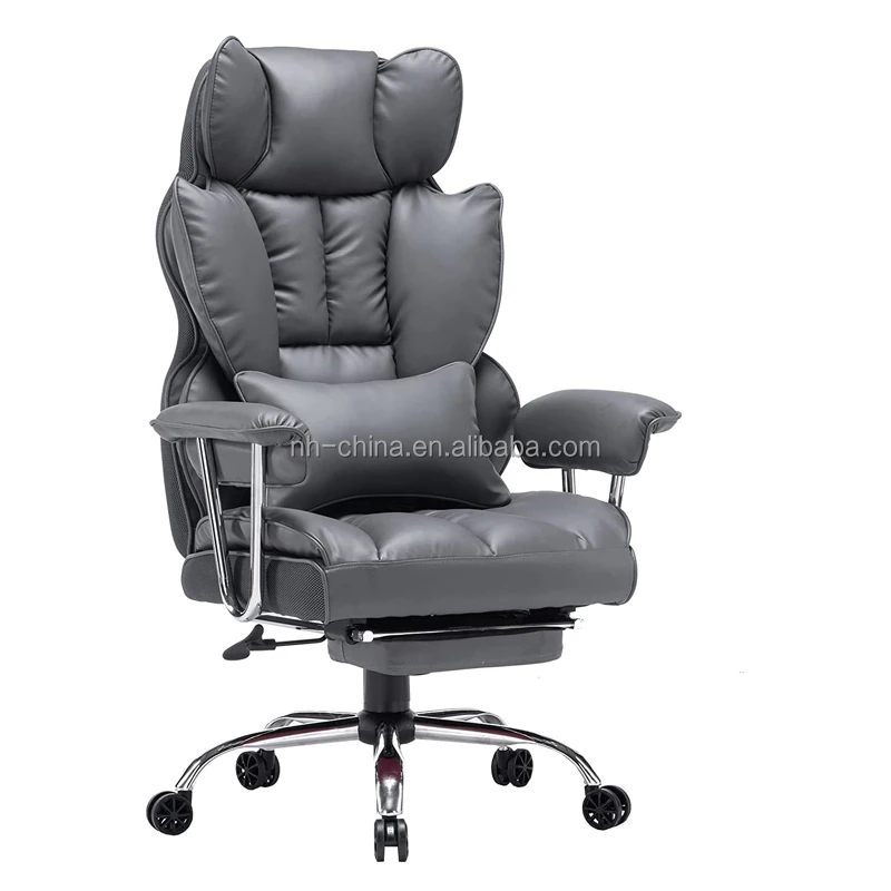 Heavy duty beige synthetic leather lumbar support executive reclining office chair with footrest