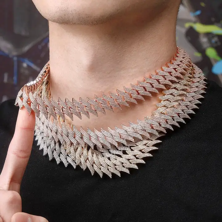 15mm 19mm hip hop vvs Moissanite iced out CZ stone 925 sterling silver white real 18k 24k gold plated 20mm Spiked Cuban Chain