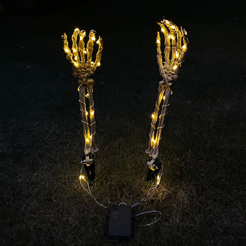 Halloween Set Of 2/3 Led Shinny Glowing Bendable Yard Stake Skulls Skeletons For Halloween Decorations