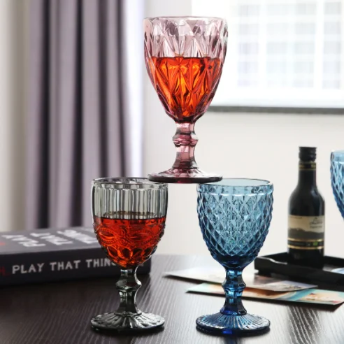 Raymond Embossed Stained glass Wine Glass Thickened Tall Vintage Wine Glass Green Rhomboid Trumpet 240ml