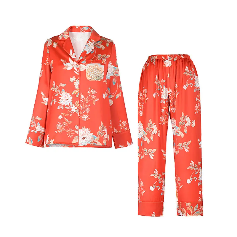 GuiXiu New 100% polyester pajamas summer cotton silk long-sleeved two-piece cardigan loose home clothes