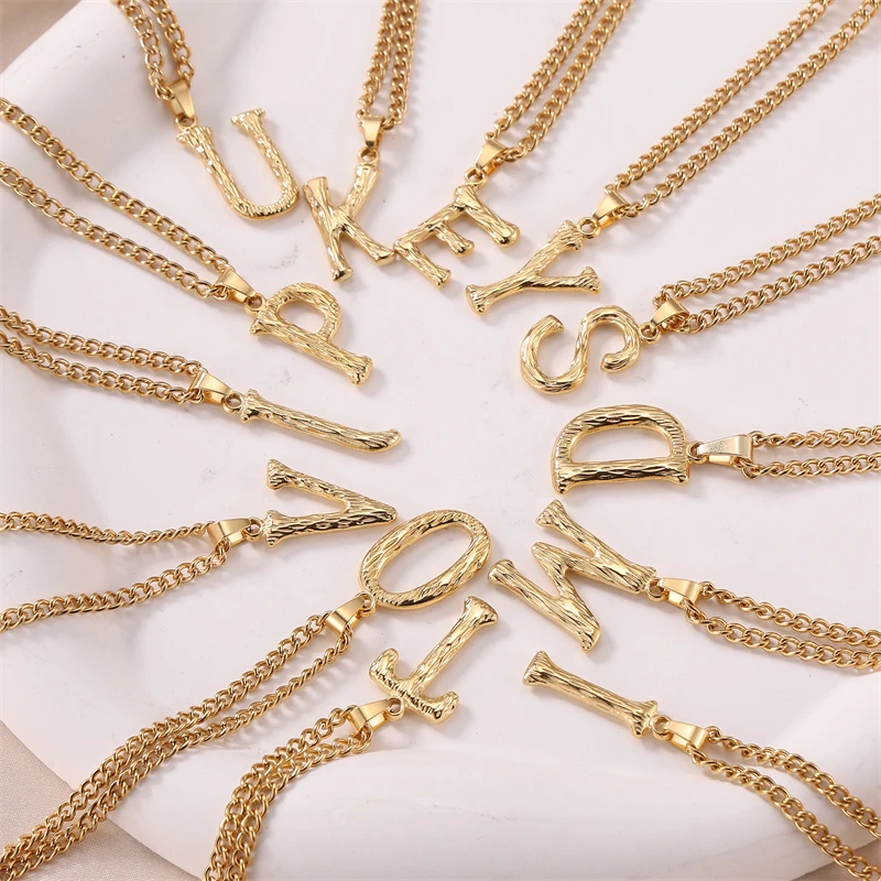 Newly Designed 26 English Letter Pendant 18K Gold Plated Stainless Steel Charm Ripple Corrugated