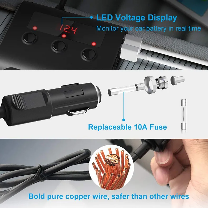 100w High-power 1 Drag 3 Cigarette Lighter Ports 4-port Usb Multi Socket Car Charger With On Off Switch