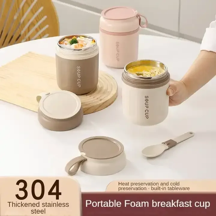 480ml Stainless Steel Lunch Box with Spoon Thermal Food Container Vaccum Cup Insulate Bento Box Thermos Soup Cup For Kids School