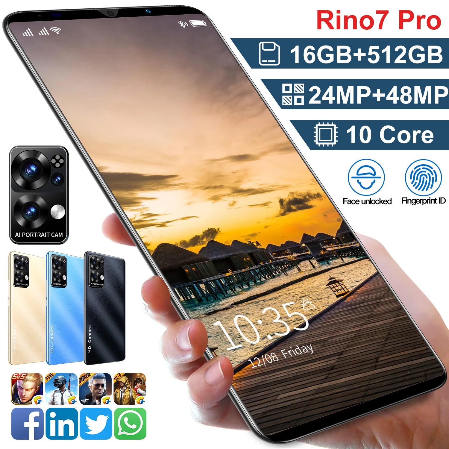 Phone Rino7pro OEM 5.8 inch Android Smartphones 16GB+512GB 10-Core 4G LET Cellphones Camera cell phone