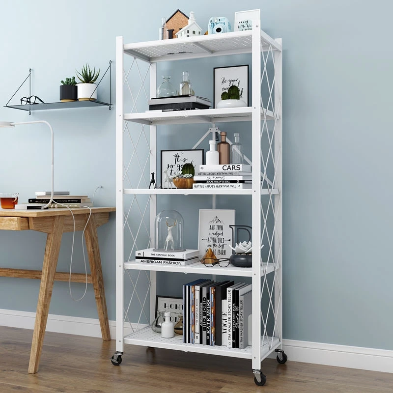 Folding Shelf 5 Tiers Household Steel Storage Rack No Assembly Kitchen Foldable on Wheels
