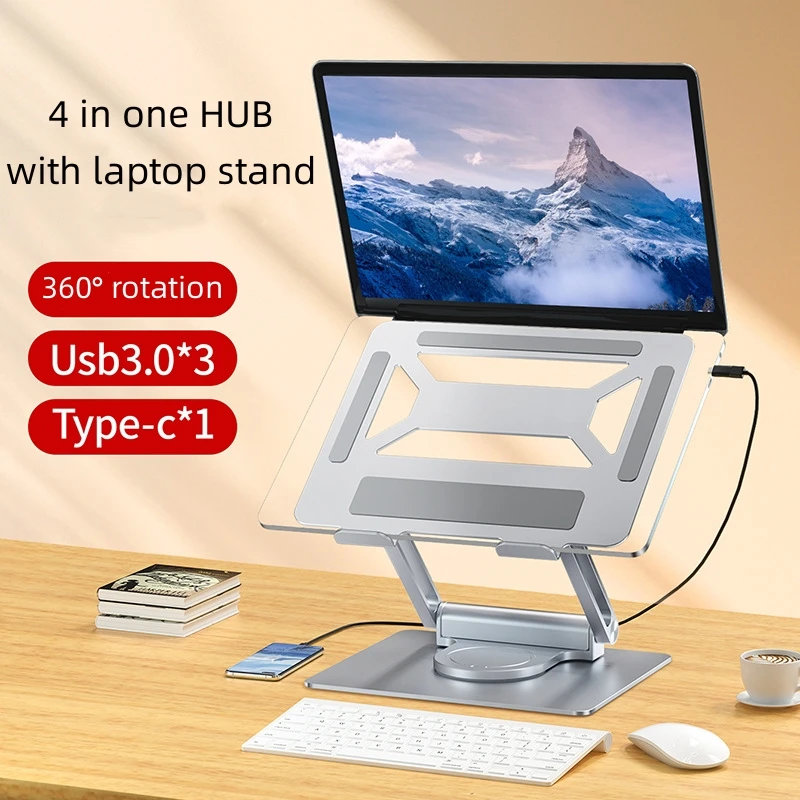 Aluminium 4 in 1 HUB 360 Rotation Laptop Stand Holder USB 3.0 HUB Foldable & Adjustable Portable for Office Use