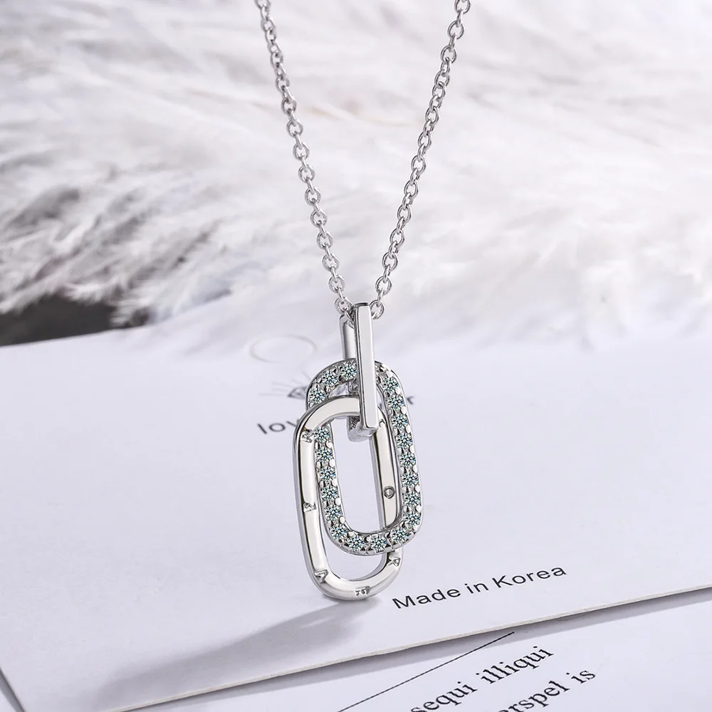 Fashion Jewelry 925 Sterling Silver Necklace Geometric square Loop Double Circle Diamond Gold Plated Necklaces