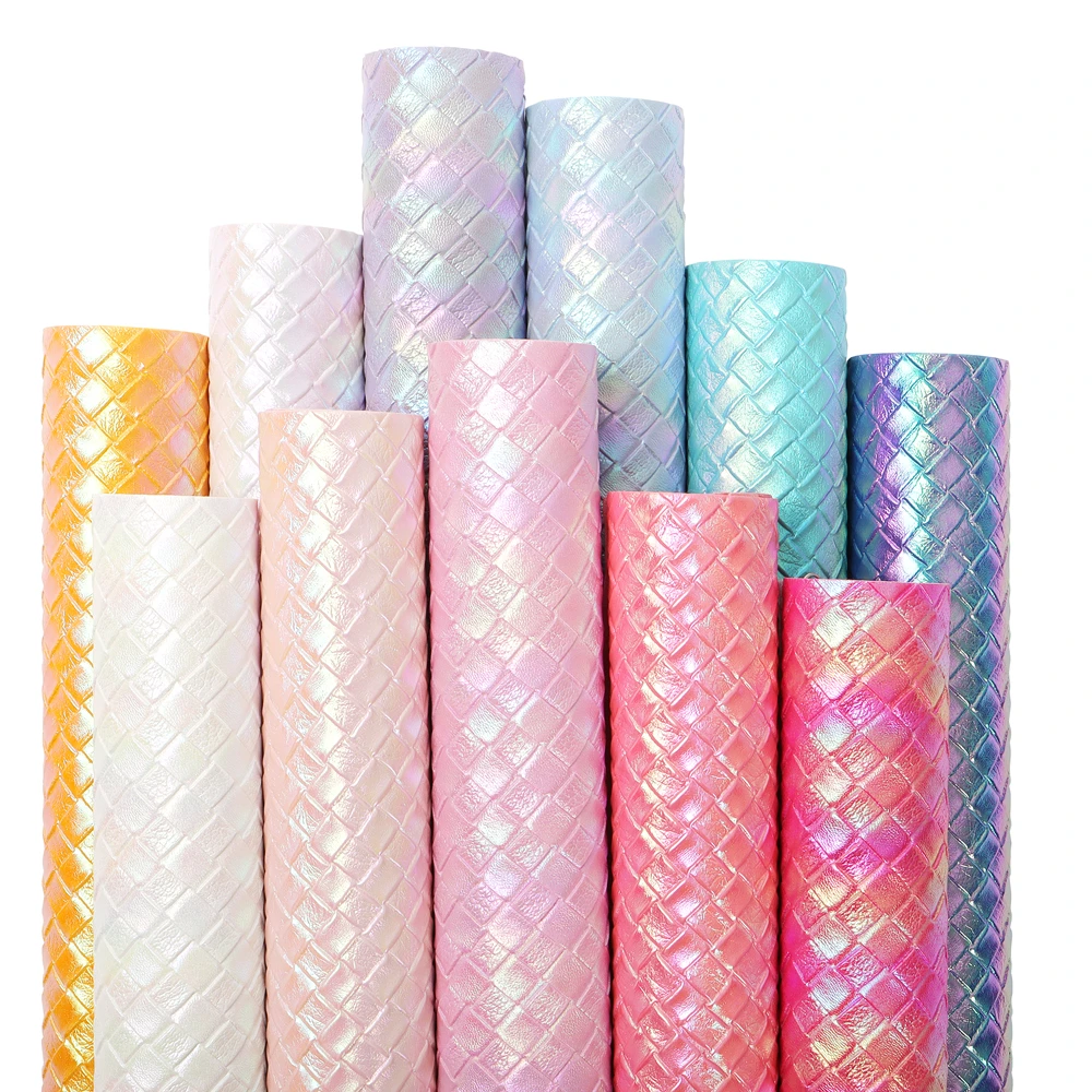 12inx53in Colorful Holographic Woven Plaid Embossed Faux Leather Rolls For Bags Handbags Wallet Notebook