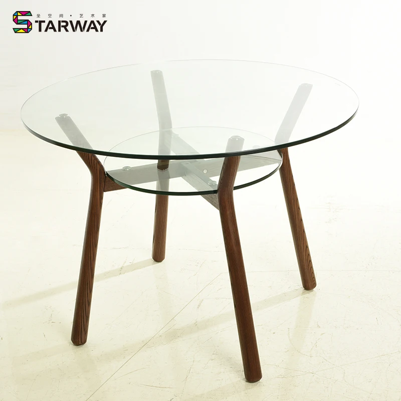 wholesale modern round glass dining table laminated glass dining table with wood legs RT-S142