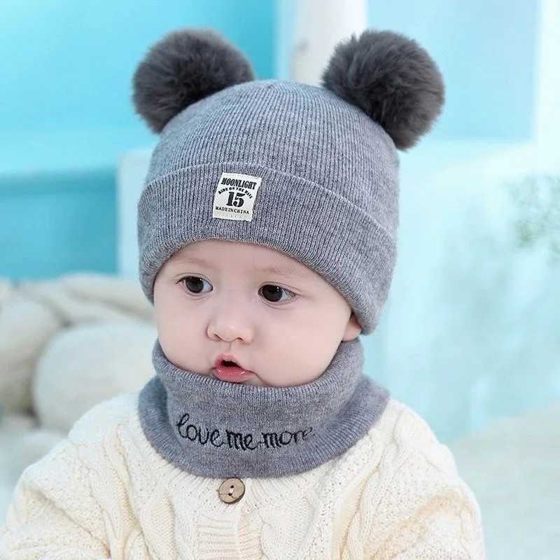 Infant Baby Boys Girls Hat Winter Warm Pompom Beanie Knitted New Born Baby Cute Children Cartoon Embroidery Kid hats scarf set