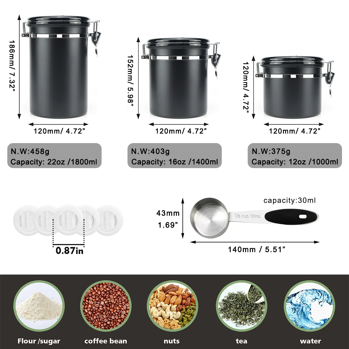 1L 1.4L 1.8L Black Coffee Storage Airtight Canister Stainless Steel Food Storage Container With Date Tracker