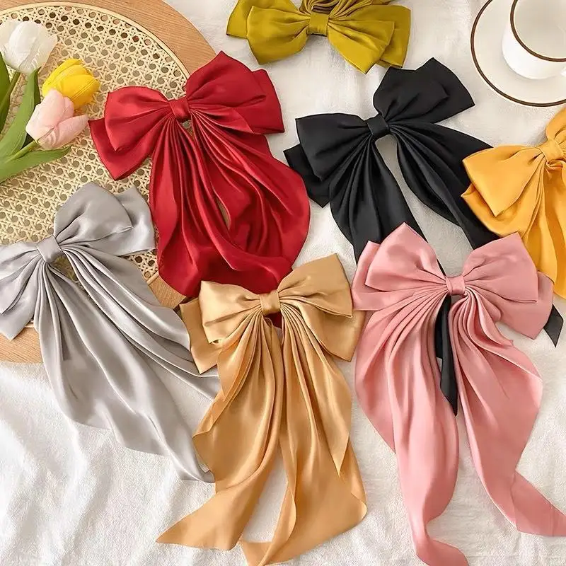 Long Tail Hair Ribbon Fabric Bow Hair Clips for Women Girls Solid Color Satin Color Hair  Summer Bowknot Hairpins