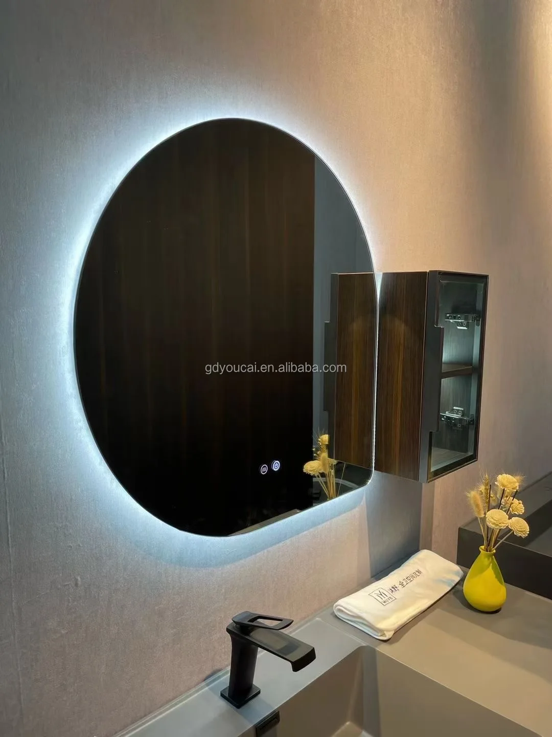 Sanitary ware slate countertop double basin bathroom vanity with LED mirror premium wall mount bathroom vanity